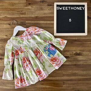 NEW SweetHoney Long Sleeves Abigail Floral Tunic Cream Pink Blue Cotton Lace 5